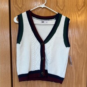 White Knit Vest with Green and Burgundy Trim